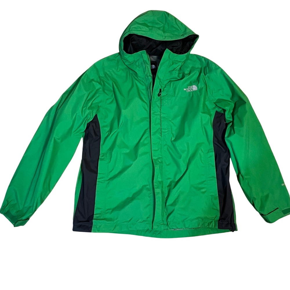 The North Face HyVent Rain Jacket Mens L Green Black Hooded Shell Windbreaker
